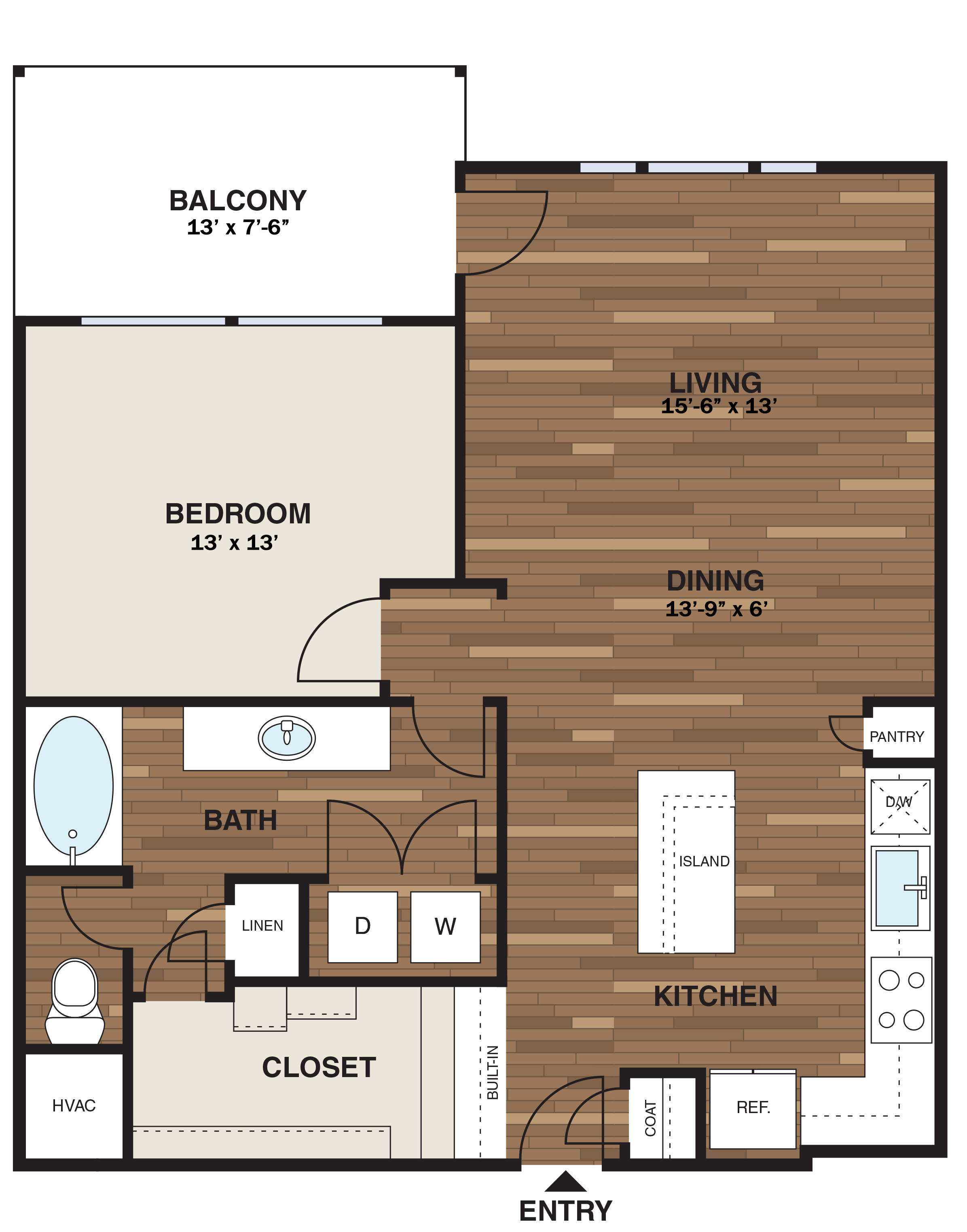 Floor plan for 1 bed, 1 bath, 904 sqft